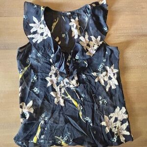 Paige Ruffle Trim Floral Print Silk Sleeveless Top in Navy, Semi-Sheer, Sz XS